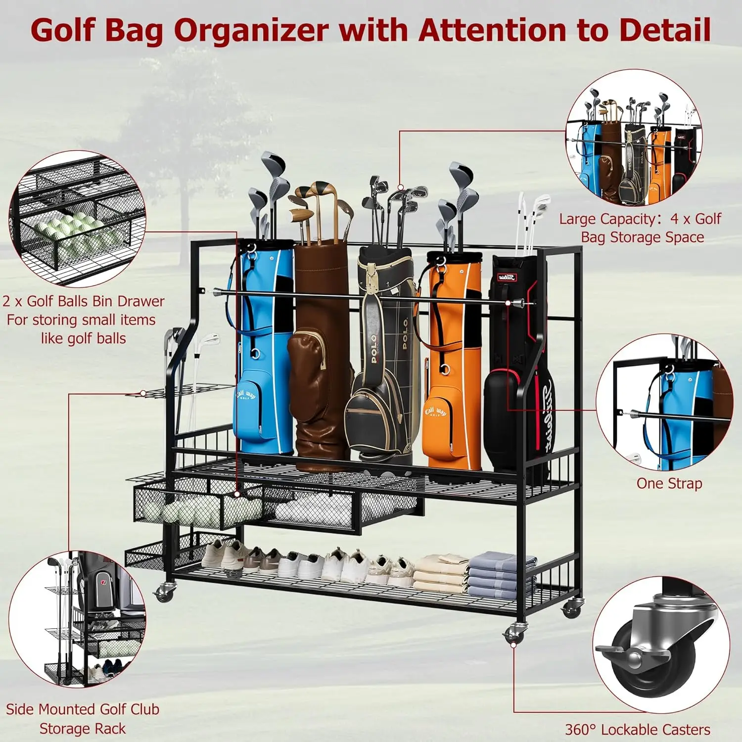 Multifunctional Rolling Golf B - đánh giá và giá Golf Equipment Garage Organizer