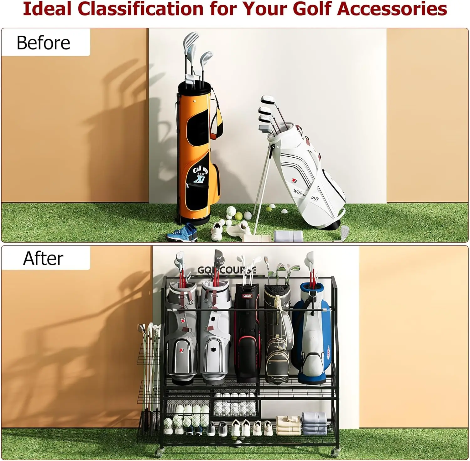 Multifunctional Rolling Golf B - đánh giá và giá Golf Equipment Garage Organizer
